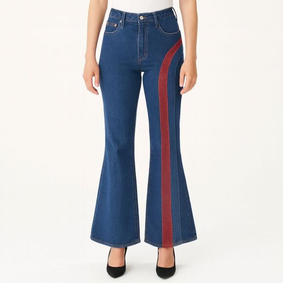 Zana.di Flare Leg Double Glitter Stripe Jeans Blue 7/8 - Picture 1 of 11